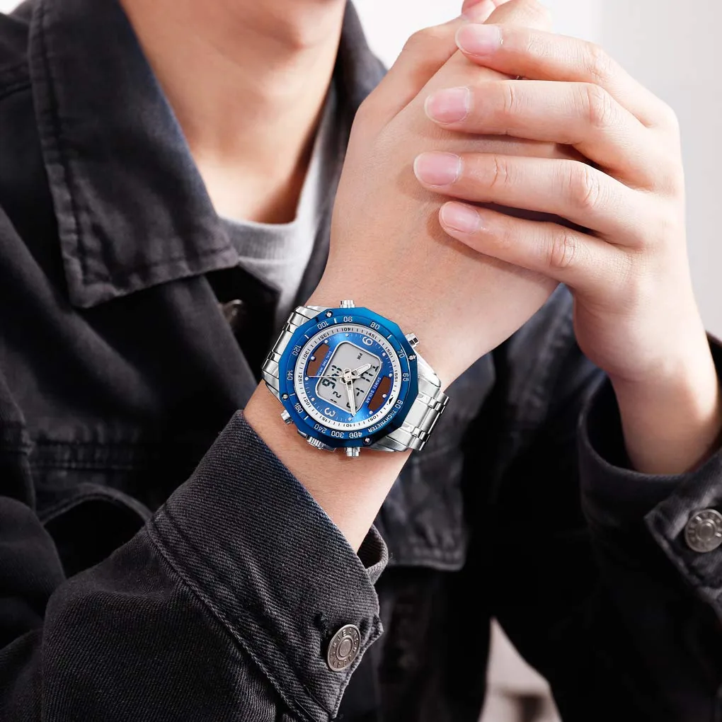 Man in a denim jacket wearing a VIGOROSO blue solar analog-digital watch on a steel bracelet