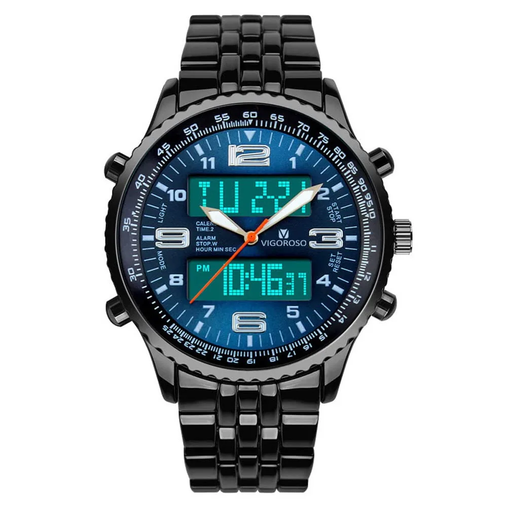 VIGOROSO Mens LED Analog Digital Watch Waterproof Steel Wrist Watch for Men